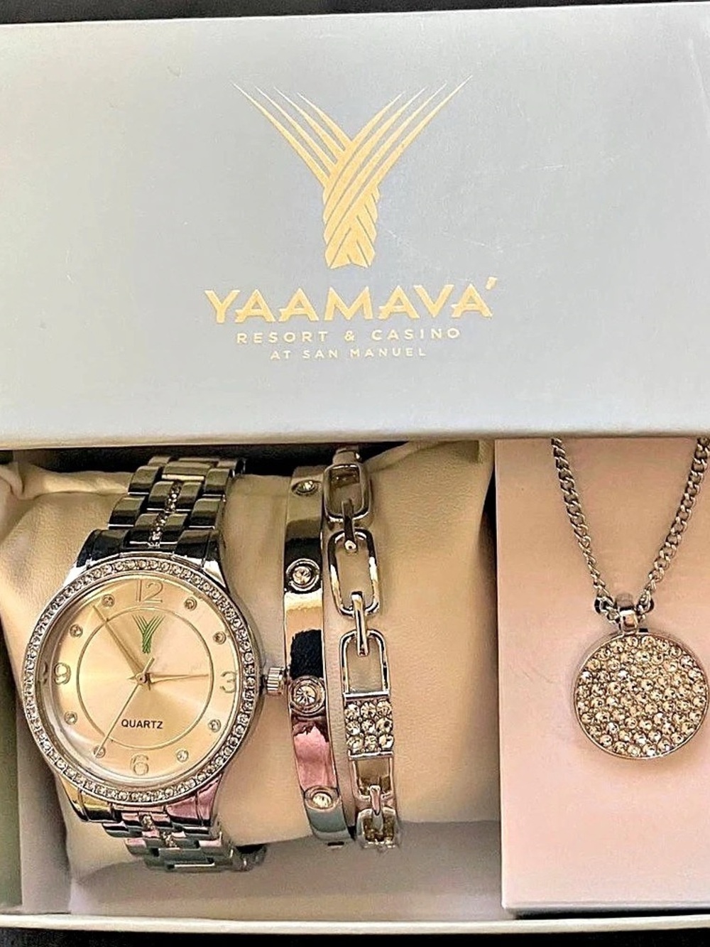 Yaamava' Watch, Bracelets & Necklace Set in Silver & Gold